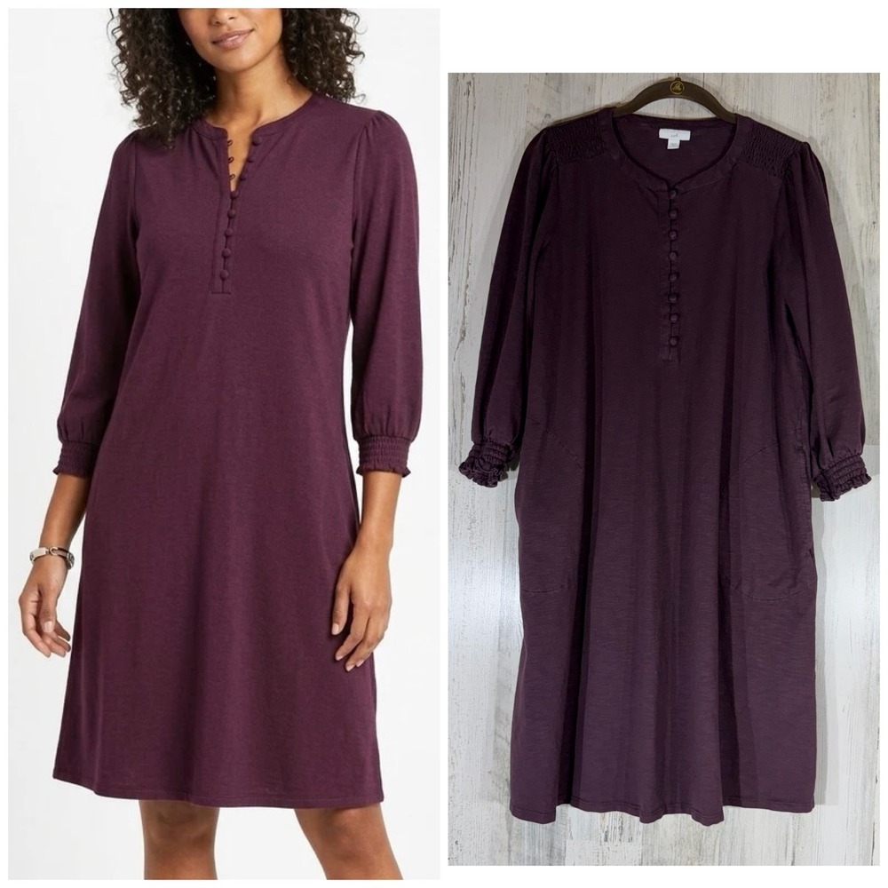 J Jill Henley Shift Dress Small Dark Plum Cotton Tencel Smocked Cuff Pockets